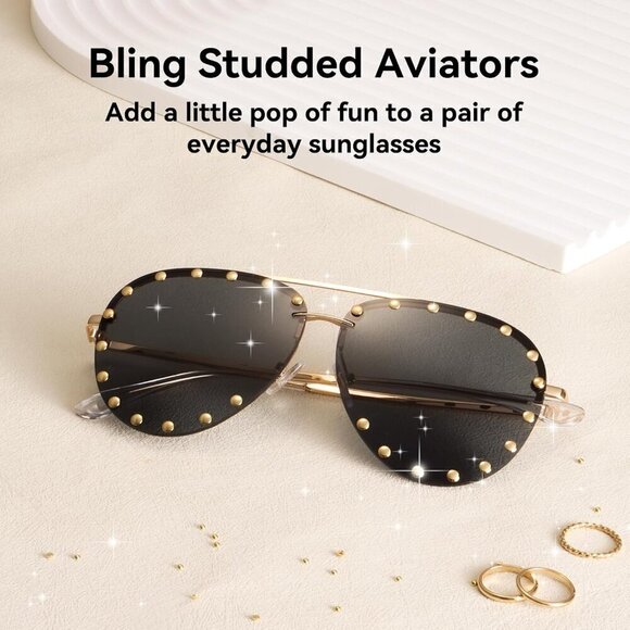 Women Studded Fashion Studded Aviator Sunglasses Metal Frame UV 400 - Picture 2 of 6